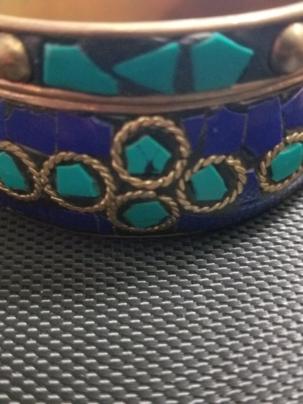 Vintage/Mid-Century Turquoise & Lapis Lazuli Mosaic Bronze Bangel-Bracelets Set